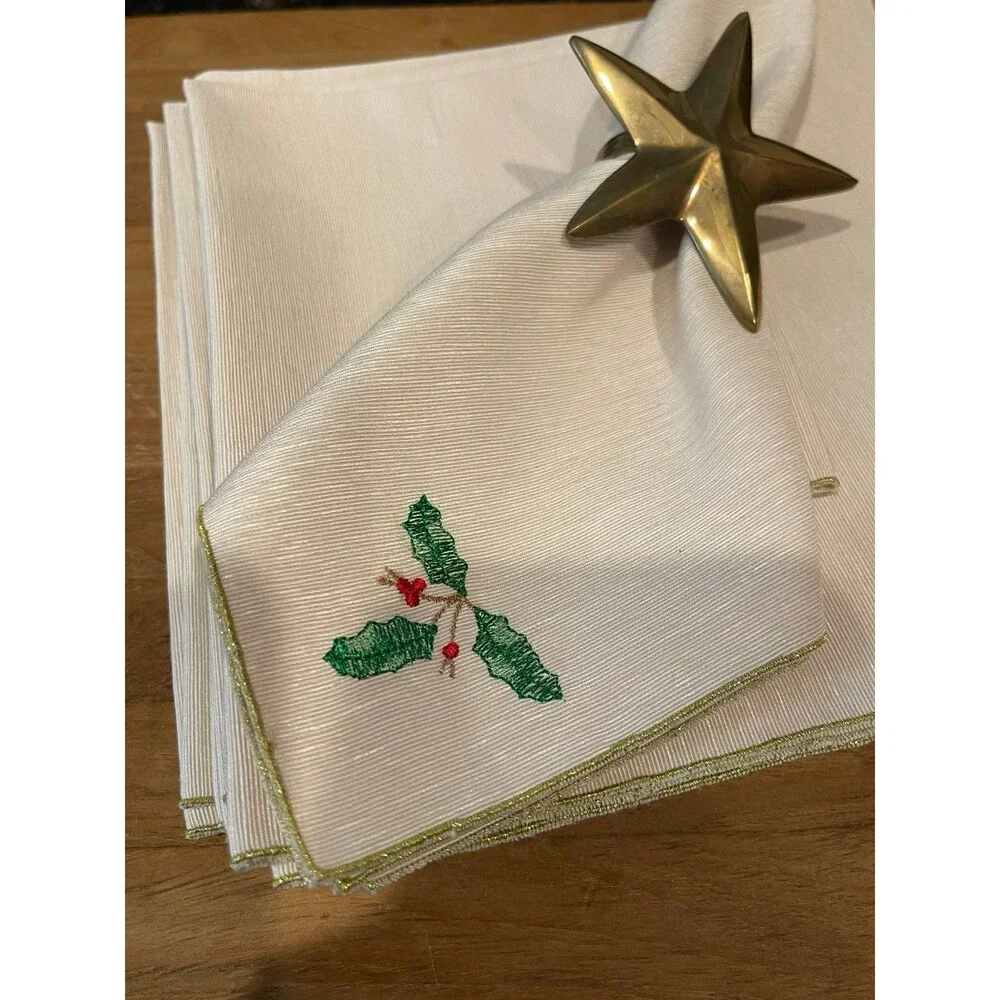 Vintage Holly Embroidered Holiday Napkin Rings